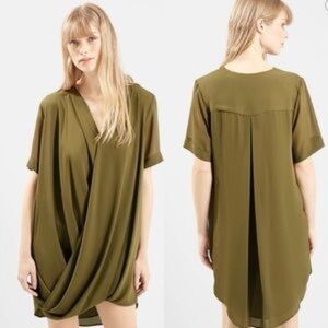 Topshop Women’s Sz 4 Olive Green Wrap Drape Front Tunic Mini Dress V-Neck Boho